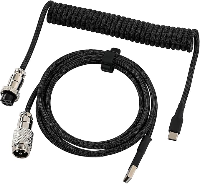 Custom Coiled USB C Cable for Gaming Keyboard, Double-Sleeved Mechanical Keyboard Cable with Detachable Metal Aviator, 1.5M USB-C to USB-A, Classic Black Color