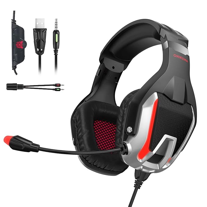 ONIKUMA K12 Stereo Gaming Headset with Mic, Controls and LED Light for PC, PS4, Xbox and Mobiles - Red
