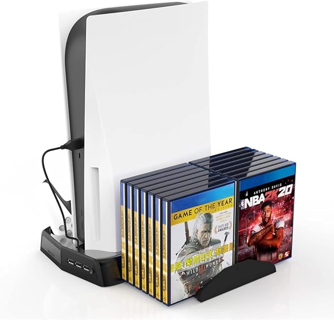 KJH-P5-010-2 PS5 Cooling Fan Station and Dual Controller Charger Station for Playstation 5 PS5 Console, LED Indicator + 16 Game Storage disc Holders, 3 USB Ports (Black)