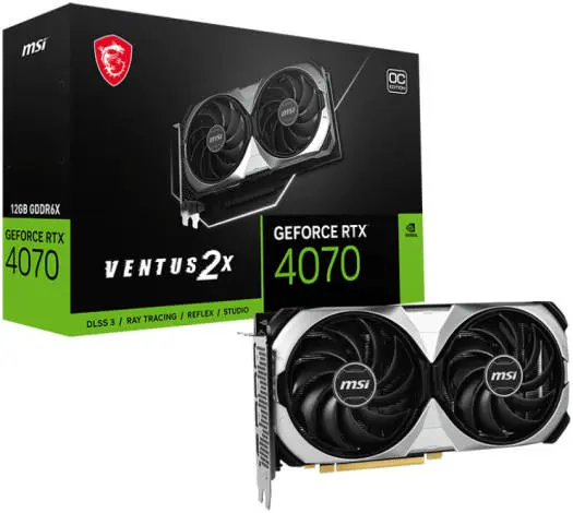 MSI GeForce RTX 4070 VENTUS 2X OC Graphics Card, 12GB GDDR6X 192-bit Memory, 2505 MHz Boost Clock, 5888 CUDA Cores, 21 Gbps Memory Speed, PCI Express Gen 4, DisplayPort x 3HDMI x 1