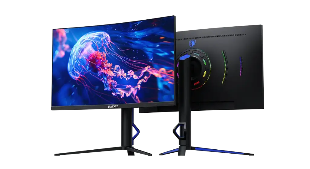 Sades 27" FHD curved gaming monitor with VA panel, refreshing at 280Hz, and featuring a 0.5ms MPRT, accented with rear unique RGB lighting.